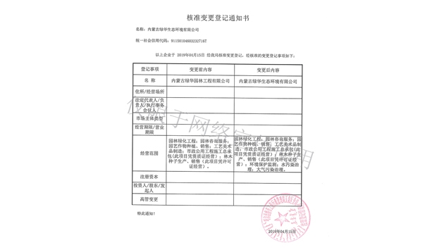 標(biāo)題：綠華生態(tài)核準(zhǔn)變更登記通知書
瀏覽次數(shù)：2198
發(fā)表時間：2019-10-26